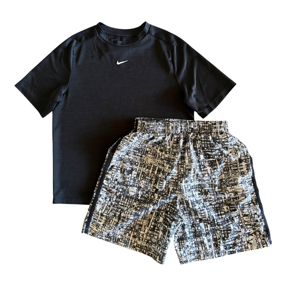 Nike Boys Black Abstract Print Dri-FIT Athletic Shirt Shorts Outfit - Youth XL